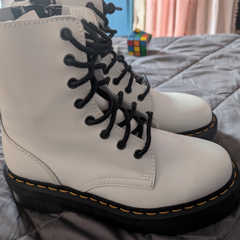 Dr. Martens White Lace-Up Platform Combat Boots with Black Laces